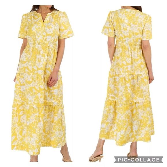 CASA CABANA Women’s Yellow Tropical Floral Tired Short Sleeve Maxi Dress Size M - Picture 1 of 3